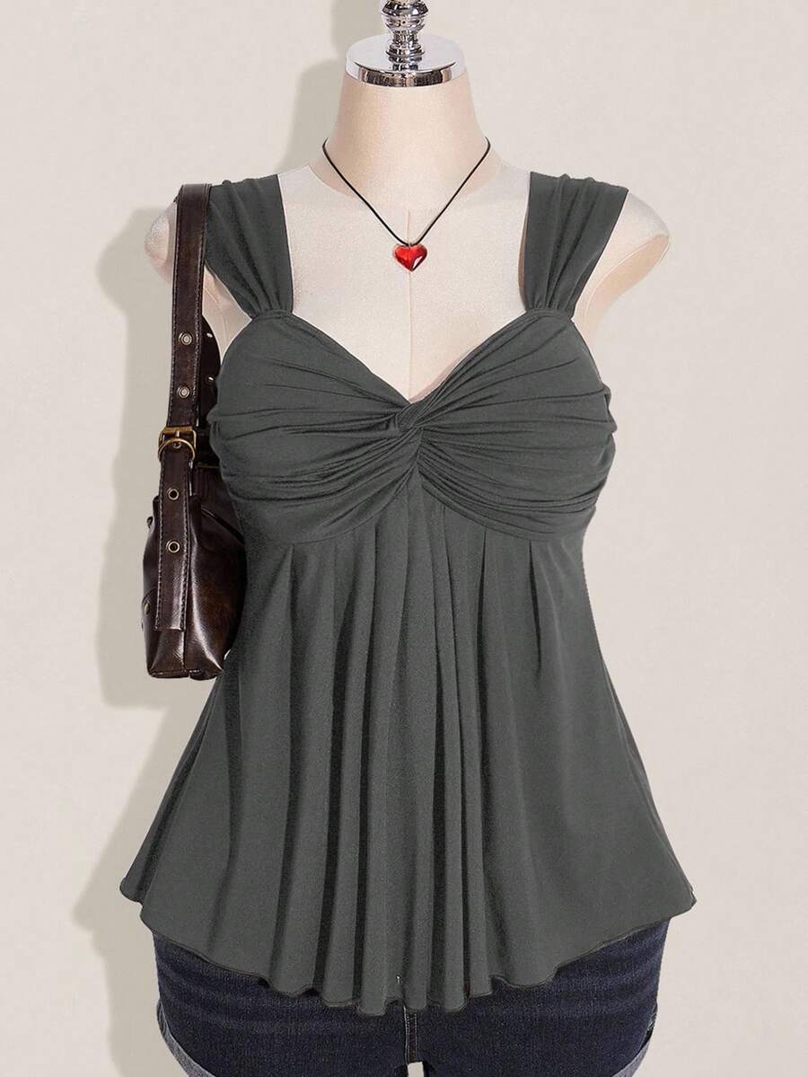 SHEIN ICON 大码女式黑色扭结前襟无袖娃娃衫针织上衣,Y2K风格返校夏季服装,可爱上衣 - 灰色 - 查看 1