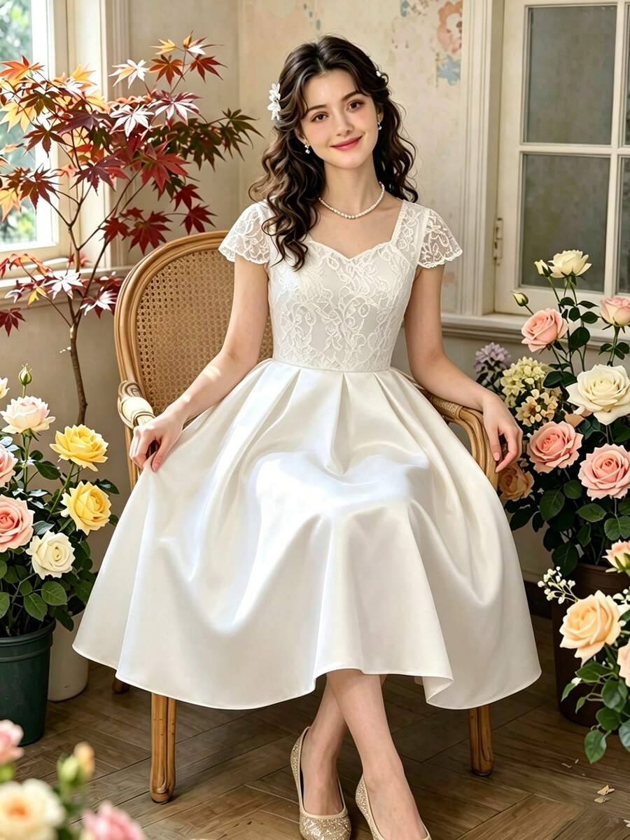少女无袖亮片拼接收腰优雅万圣节圣诞节连衣裙 - 白色 - 查看 1