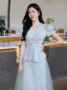 DAZY 女士休闲优雅短袖V领上衣长裙两件套，春夏款 - 綠色 - 查看 5