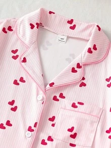2 Pieces Tween Girl Pink Summer Home Wear Featuring Cute Sweet Heart Print. Stylish Lapel Collar Short Sleeve Top And Matching Shorts Sleep Set - Pink - View 5