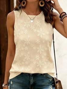 EMERY ROSE Women's Floral Print Sleeveless Top, Comfortable Casual Round Neck Tank Top, Suitable For Summer Daily Wear - Apricot - View 5