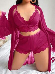 SHEIN 3pcs Set: Lace Trim Camisole Shorts + Floral Trim Wide Sleeve Mesh Robe, Plus Size - Hot Pink - View 3