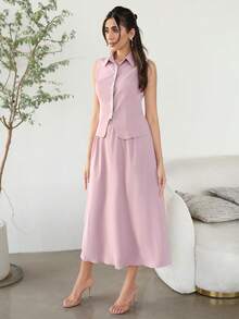 Modelyn Women's Rhinestone Embellished Top And Skirt Elegant 2 Pieces Set - Dusty Pink - View 4