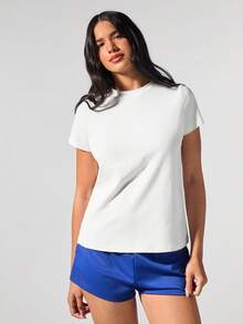 Fluxe Áo thun cổ tròn tay ngắn dệt trơn đơn giản thoải mái cho nữ - trắng - Xem 4