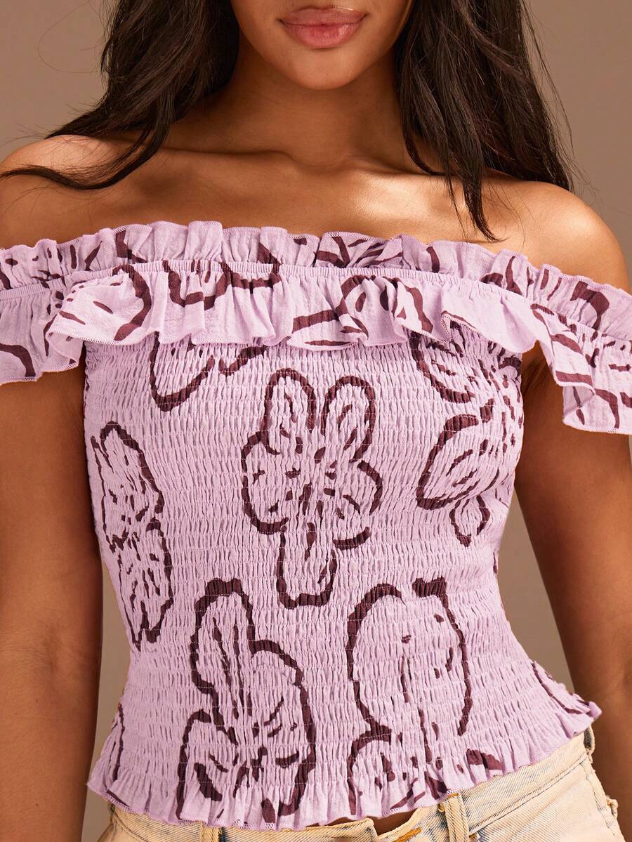 Athîral Women's Elegant Off-Shoulder Ruffle Hem Blouse, Suitable For Commuting - Pink - View 1