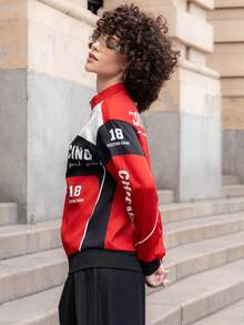 Xuxu's by Gio Letter Pattern Contrast Color Drop Shoulder Bomber Jacket For New Year Clothes Fall Winter Cloth For Women - Red - View 4
