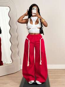 BamGleam Women's Red Elastic Waist Wide-Leg Casual Loose Pants, Ideal For Autumn Vacation Wear City Break - Red - View 8
