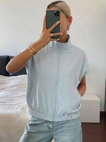 DAZY 女款翻領無袖短版街頭休閒背心式薄外套，適合學校夏季穿著 - 藍色 - 查看 2