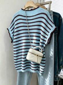 Franclia Plus Size Women Spring/Summer Casual Light Blue Round Neck Short Sleeve Knit Sweater Holiday - Multicolor - View 2