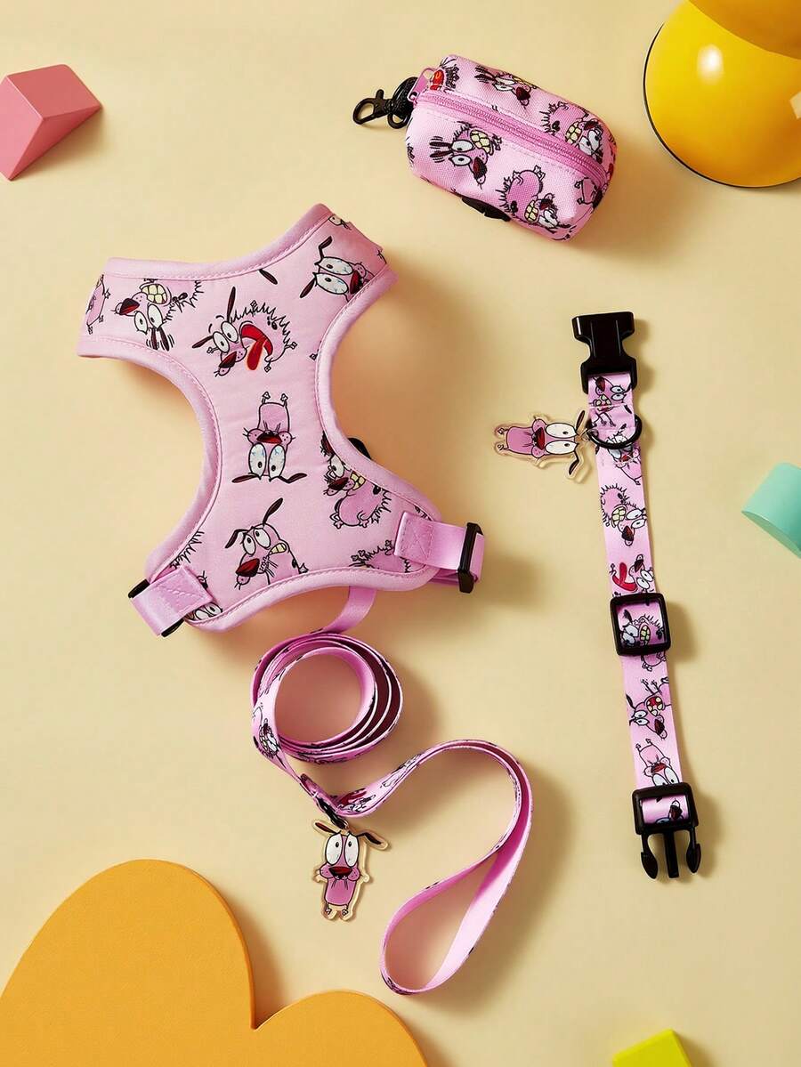 COURAGE THE COWARDLY DOG X SHEIN 一套卡通图案印花宠物旅行背带和牵引绳套装,包括项圈、便携式收纳袋,多种尺寸可选,背带长度可调节,适合猫、狗和胆小的狗狗。 - 淺粉色 - 查看 1