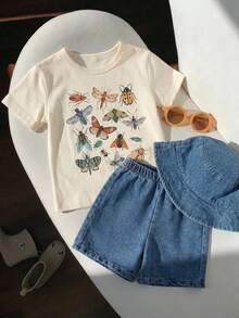SHEIN 3pcs Baby Boy Animal Print T-Shirt, Denim Shorts And Denim Hat Set, Suitable For Summer, Travel, Back To School - Multicolor - View 1