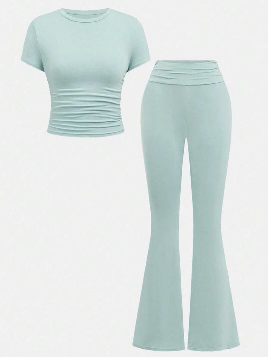 SHEIN Girlism Tween Girl Casual Fitted Light Blue Ruched Crew Neck Top And Ruched Flare Pants Set - Mint Green - View 1