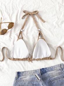 Swim Mod New Plus Size Women Solid Color Halter Neck Slim Fit Casual Swimwear Top - Coffee Brown - View 5