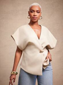 Vixey Solid Textured Woven Asymmetrical Hem Single Button Waistcoat Top - Apricot - View 3