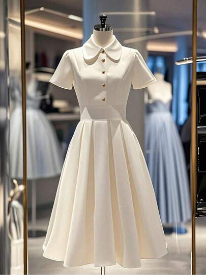 Franclia Women's Solid Color Short Sleeve Button Half Placket Elegant Dress