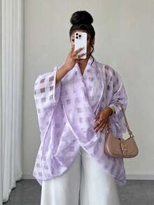 Maweii 大码女式格子休闲百搭日常衬衫 - 紫色 - 查看 4