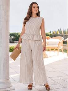 Rosumi Plus Size Women's 2pc Set,White Striped Ruffle Sleeveless Tank Top And Wide Leg Pants,Summer Vacation Holiday Boho Outfit,Casual Everyday Set - Khaki - View 6