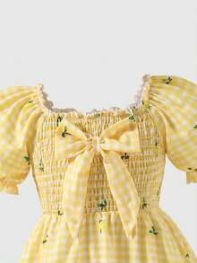Elladie kids Süßes Kleid mit Blumenprint, Rüschenkragen und Puffärmeln für Mädchen, elastischer Bund, geeignet für Schule, Spielplatz, Familientreffen, Geburtstagsfeiern, Kurztrips, Strandurlaub - Gelb - Übersicht 6