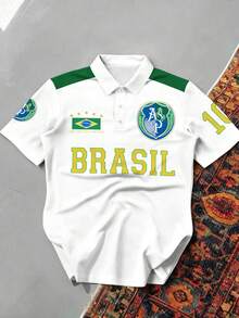 Aesthetic Post Retro Aesthetic Brazil #10 Yellow & Green Contrast Color White Football Jersey,Loose Fit Gym Sports Tee,Men's Summer Casual Short Sleeve Polo Shirt - Multicolor - View 5