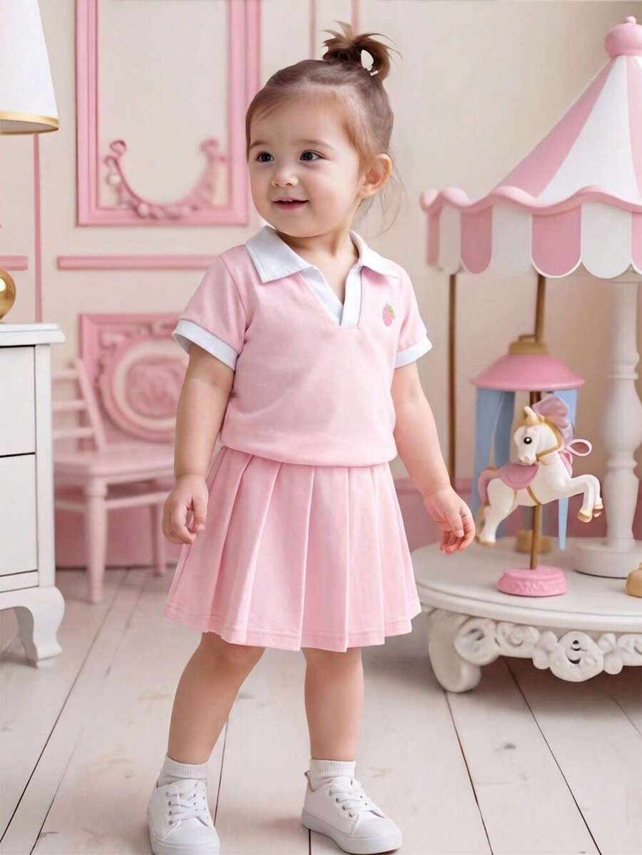 Bộ áo polo tay ngắn in hình dâu tây cho bé gái, thích hợp mặc mùa hè. - Hồng - Xem 1