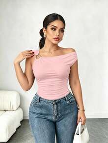 Elenzga Kaos Pas Badan dengan Kerah Asimetris Ukuran Besar, Atasan Kasual Serbaguna, Musim Semi/Panas - Berwarna merah muda - View 3