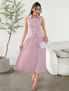 Modelyn Women's Rhinestone Embellished Top And Skirt Elegant 2 Pieces Set - Dusty Pink - View 8