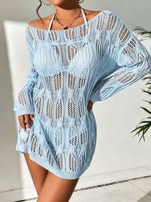 SHEIN Swim 女士钩针镂空长袖罩衫连衣裙，度假款 - 淺藍色 - 查看 1