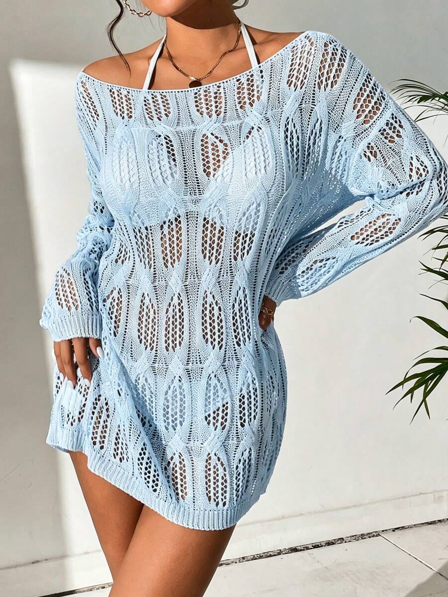 SHEIN Swim 女士钩针镂空长袖罩衫连衣裙,度假款 - 淺藍色 - 查看 1