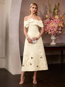 MOTF Soiréza WOMEN'S OFF THE SHOULDER EMBROIDERED SATIN PARTY DRESS, SPRING/SUMMER - Apricot - View 5