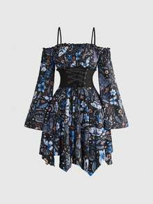 ROMWE Fairycore Hippie Autumn Leaf Forest Witch Floral Plant Leaf All-Over Print Criss-Cross Backless Off-Shoulder Mini Dress - Blue - View 1