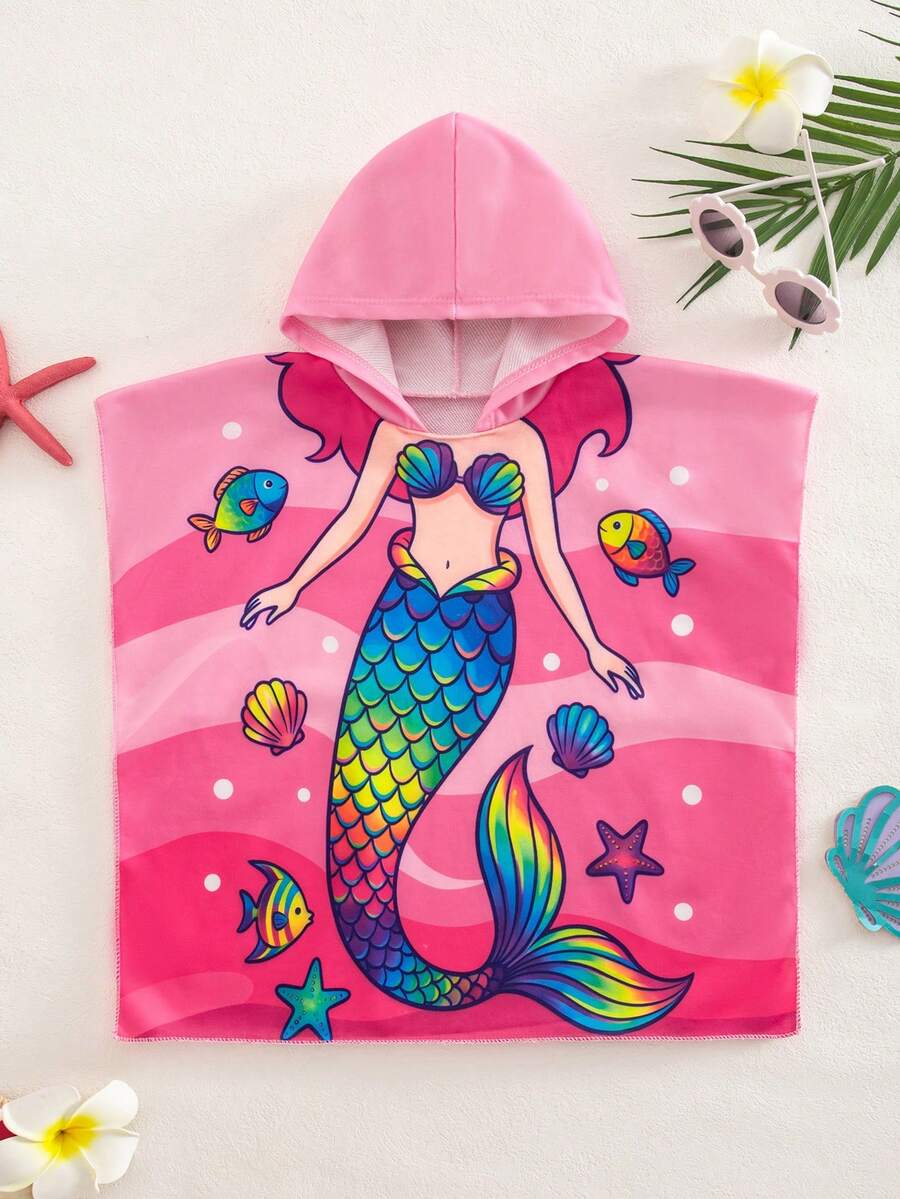 SHEIN 女婴美人鱼印花连帽罩衫泳衣 - 粉色 - 查看 1