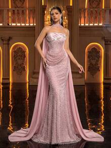 Aureia Women's Strapless Rhinestone Decor Ruched Waist Elegant Evening Gown - Dusty Pink - View 8