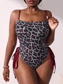 Slaydiva Plus Size Women's Leopard Print Fitted Sexy One-Piece Swimsuit Beach Summer - Rusty Rose - View 4