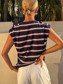 Dazy Tall Camiseta casual de cuello redondo de corte holgado a rayas para mujer, estilo de vacaciones y calle - Azul Marino - Ver 2