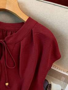 GlowEve CURVE Plus Size Women Elegant Eleganza Solid Color Round Neck Contrast Color Single-Breasted Drawstring Tank Top Sleeveless Formal Office Burgundy Summer - Burgundy - View 5