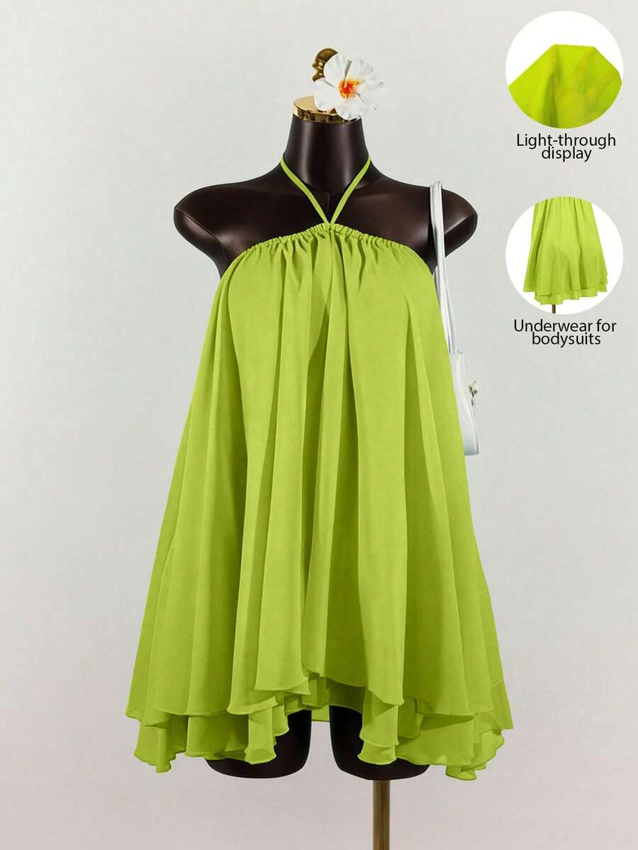 Lunelith SHEIN Lunessa Women's Chiffon Layered Ruffle Sleeveless Mini Dress - Green - View 1