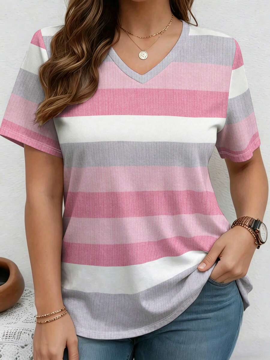 EMERY ROSE Plus Size Women's Summer Striped Print V-Neck Short Sleeve Casual T-Shirt, Graphic Tee For Women, Plus Size T-Shirt - Multicolor - View 1