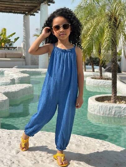 SHEIN Young Girl Summer Vacation Casual Fashion Jacquard Texture Sleeveless Jumpsuit, Indigo Blue Beach Resort Loose Comfortable Jumpsuit For Girls