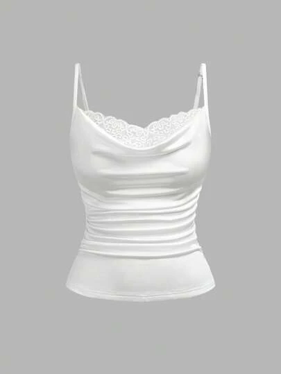 SHEIN Franclia Women's Summer Casual Commuting Minimalist Solid Color Contrast Lace Ruffle Trim Fitted Camisole