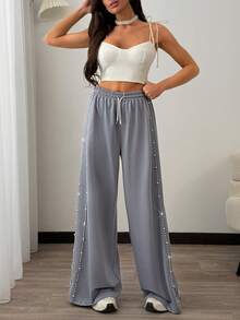 SHEIN Women, Spring, Summer Loose Fit Pearl Detail Drawstring Waist Wide-Leg Pants - Grey - View 5