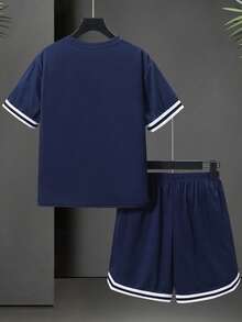 SHEIN 男童数字条纹撞色圆领T恤和休闲短裤套装 - 藍色 - 查看 4