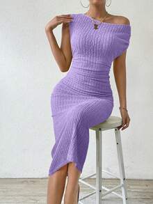 SHEIN Women'S Oblique Shoulder Ruffled Dress Maxi Women Outfit - Mauve Purple - View 6
