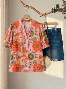 Rusticease Plus Size Women's Pink Floral V-Neck Ruched Summer Boho Vacation Holiday Blouse,Loose Fit Vintage Country Short Sleeve Daily Wear Tops - Coral Pink - View 8