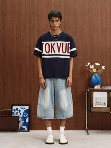 TOKVUE Men's Letter Print Short Sleeve Casual Knit Top - Navy Blue - View 4