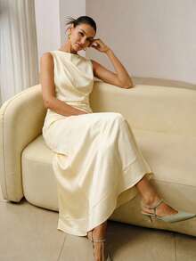 ZEYLAH Asymmetrical Ruched Dress, Spring/Summer Dinner Cream White Elegant - Yellow - View 6