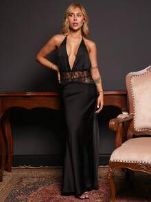 Victoria Miranda Black Sexy Deep V-Neck Lace Hollow Patchwork Fishtail Satin Dress Summer - Black - View 1