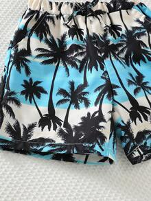 Cozy Pixies 2pcs Young Boy Coconut Tree Pattern Knit Soft Round Neck Short Sleeve T-Shirt And Elastic Waist Shorts Set - Multicolor - View 5