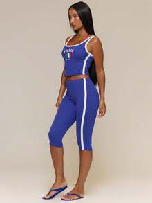 MUSERA Bộ đồ thể thao mùa xuân hè gồm áo tank top và quần capri in họa tiết Italia, phù hợp cho lễ hội bóng đá thế giới Ý, dễ thương, gợi cảm và thường ngày. - Màu xanh lam - Xem 3