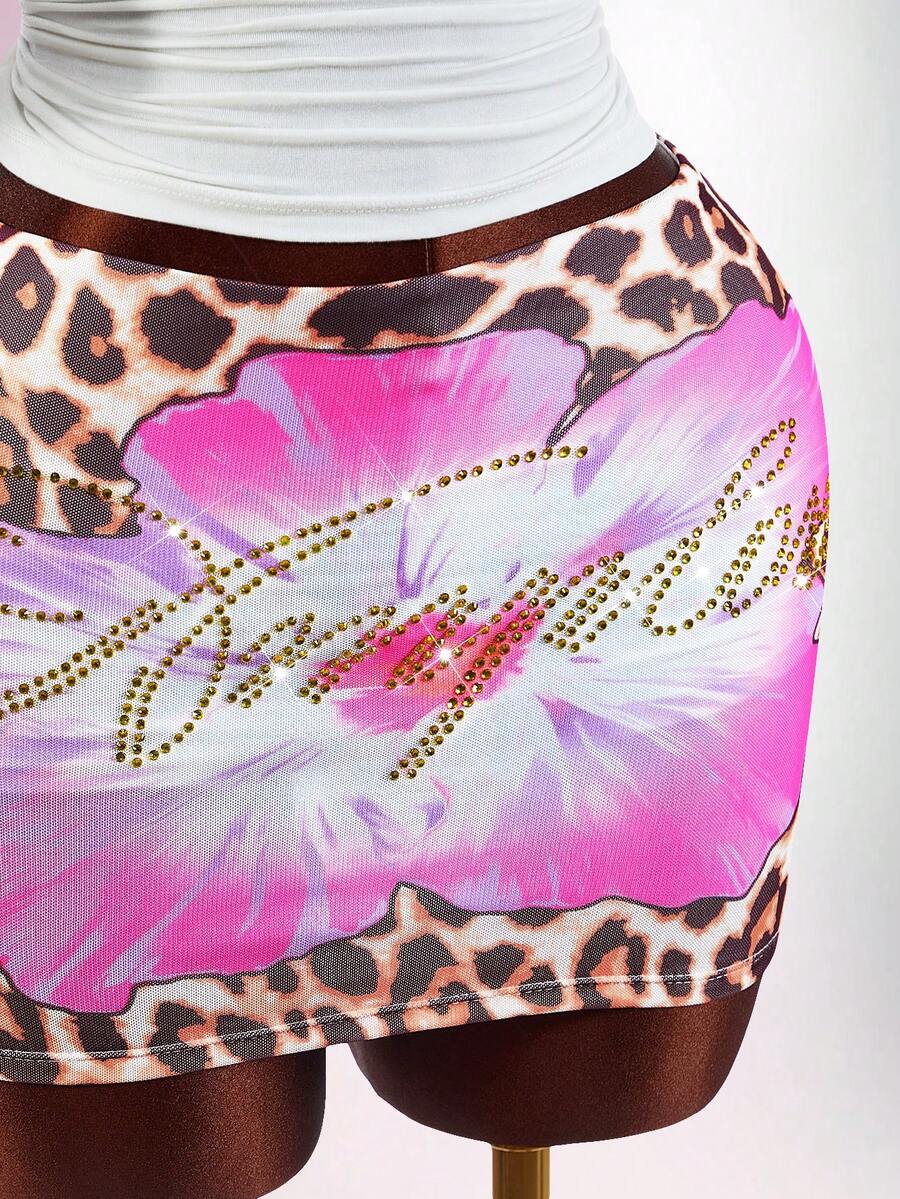 Amplova Ultra Low-Rise Leopard Floral Rhinestone Embellished Mini Skirt - Brown - View 1