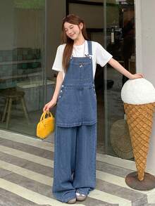 DAZY Mono de mezclilla casual y versátil para uso diario con bolsillos para mujer - Azul - Ver 5